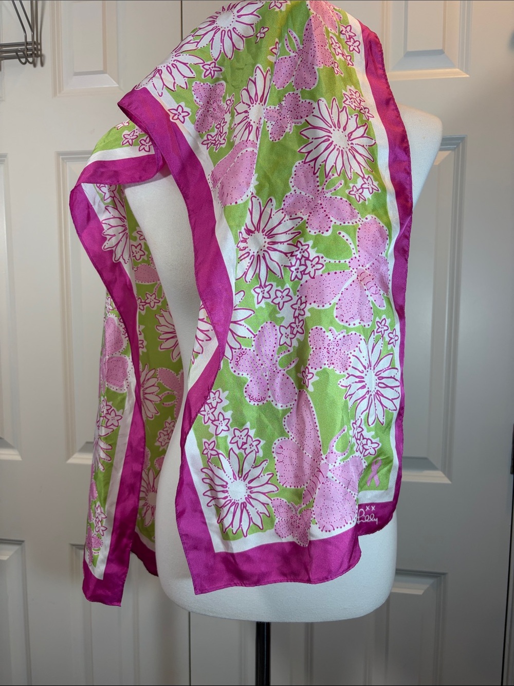 Lilly Pulitzer Pink and Green Floral Silk Scarf